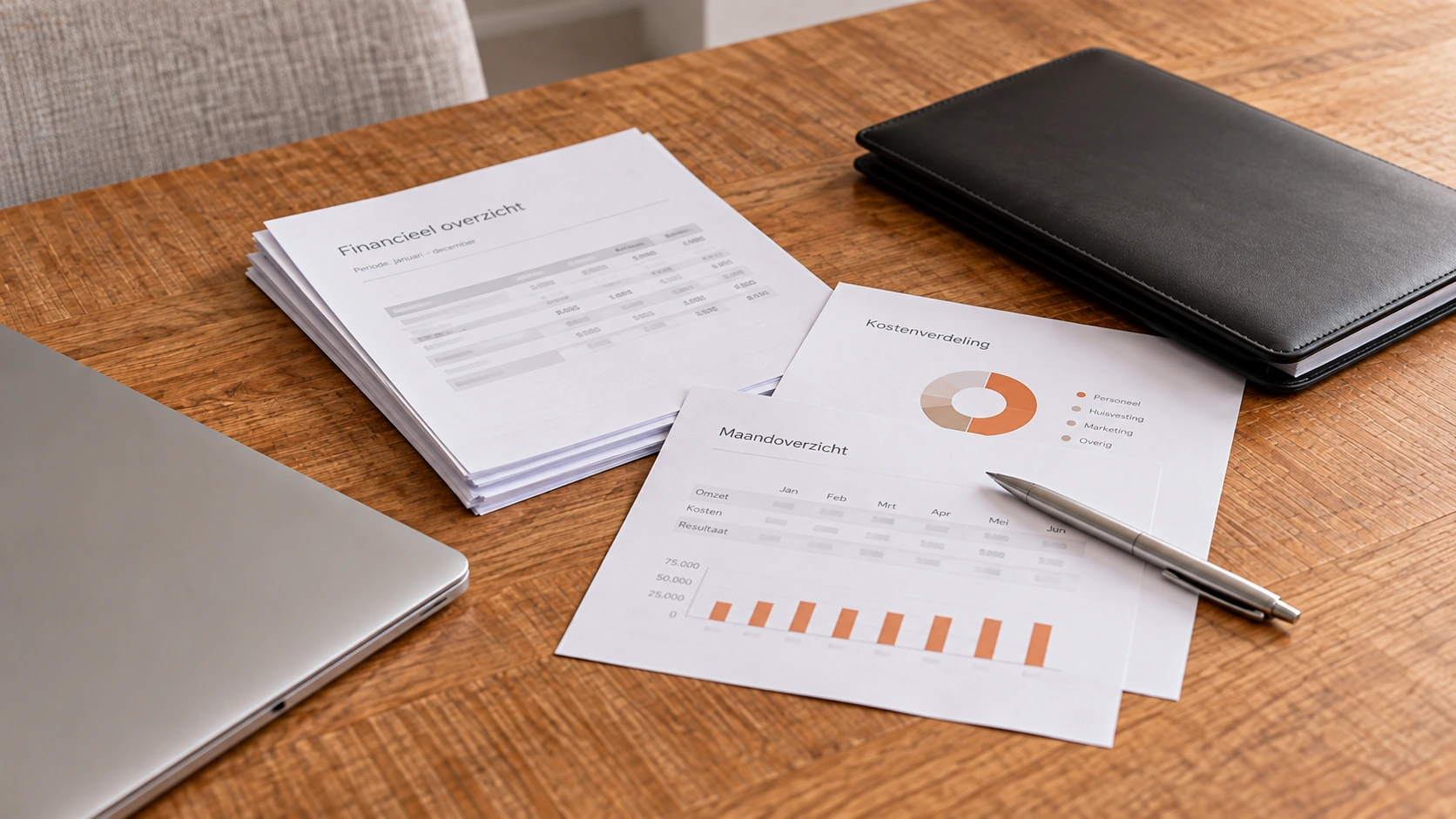 Documenten en financiële overzichten op tafel