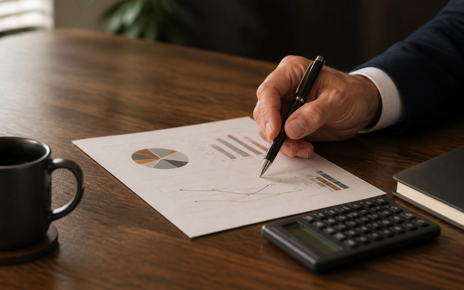 Financieel overzicht met rekenmachine en notitieboek